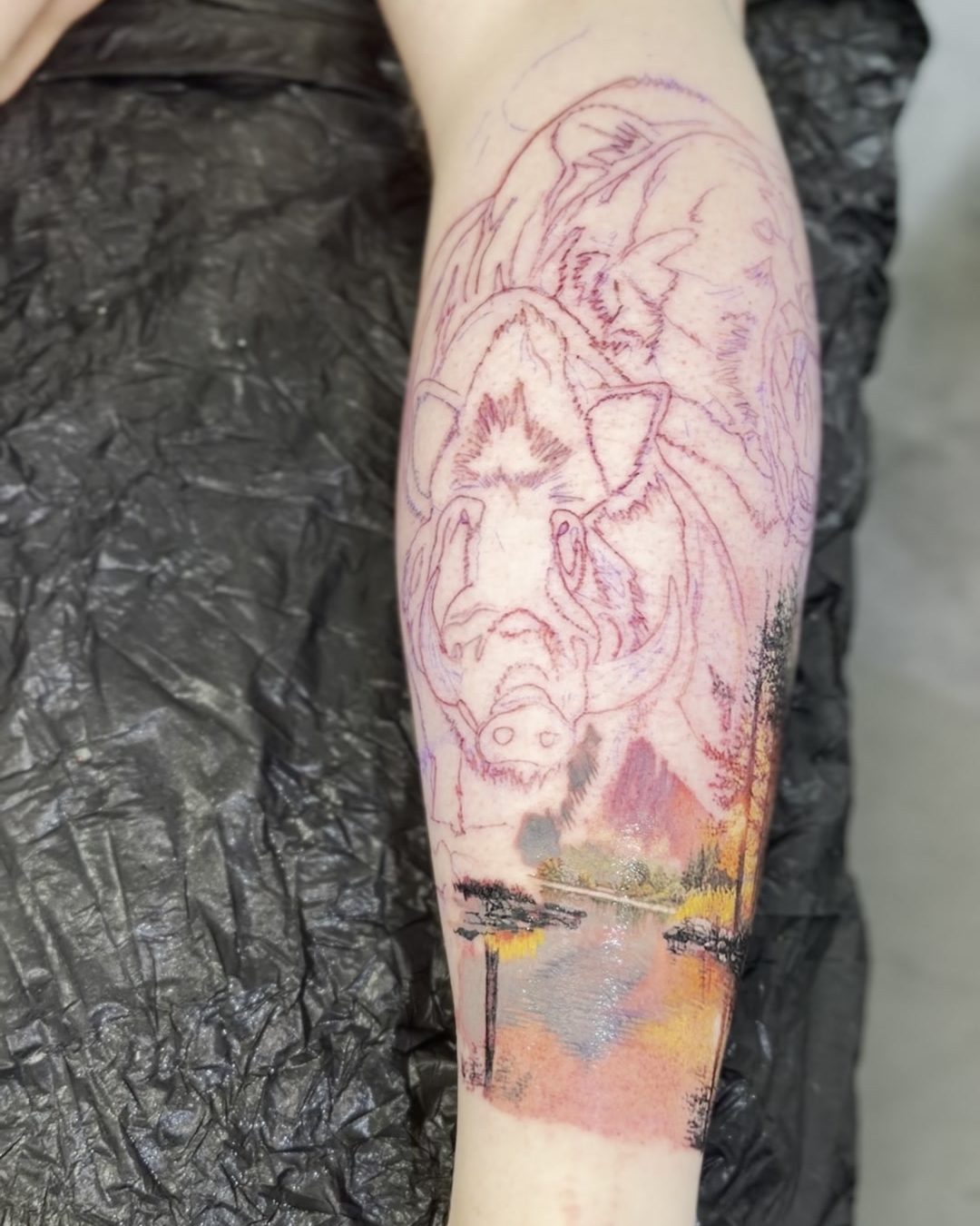 Stencil - Design transferred onto the skin and fitted to the shape of the calf.
